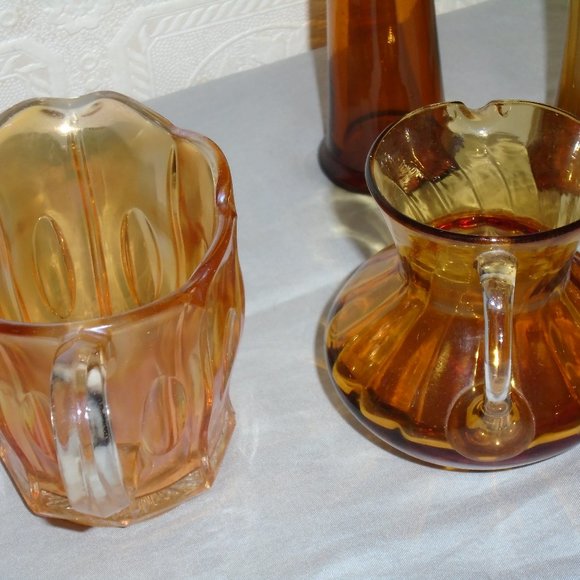 VINTAGE MINIATURE, AMBER GLASS, LOT, PITCHER/DECANTER & VASE, USED NICELY STORED - Picture 4 of 15